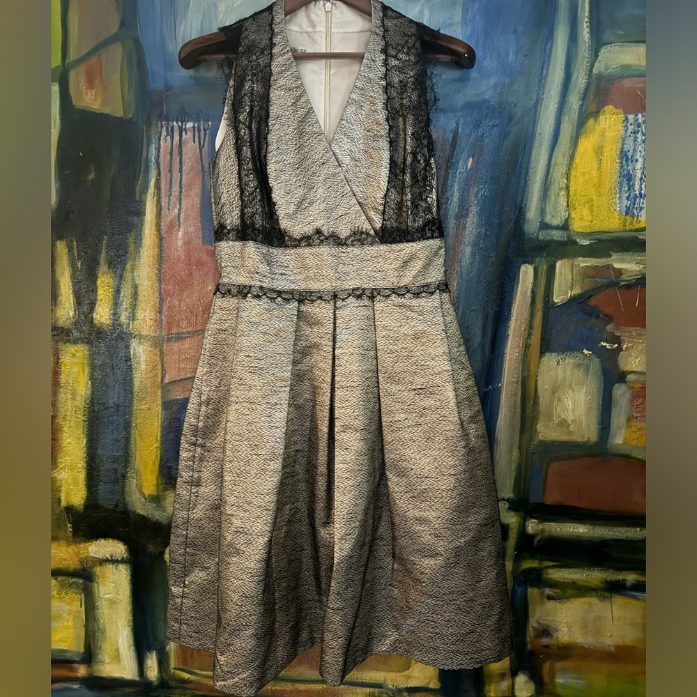 KAY UNGER Bronze/pewter Metallic & Lace Fit & Flare Sleeveless Cocktail Dress 8